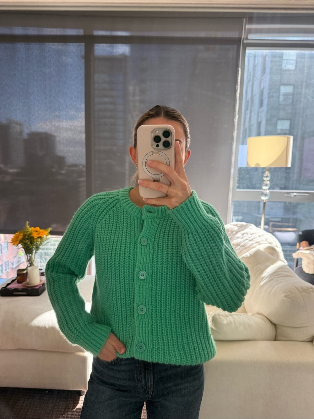 Green Ribbed Button-Front Cardigan Sweater - Picture 2 of 5
